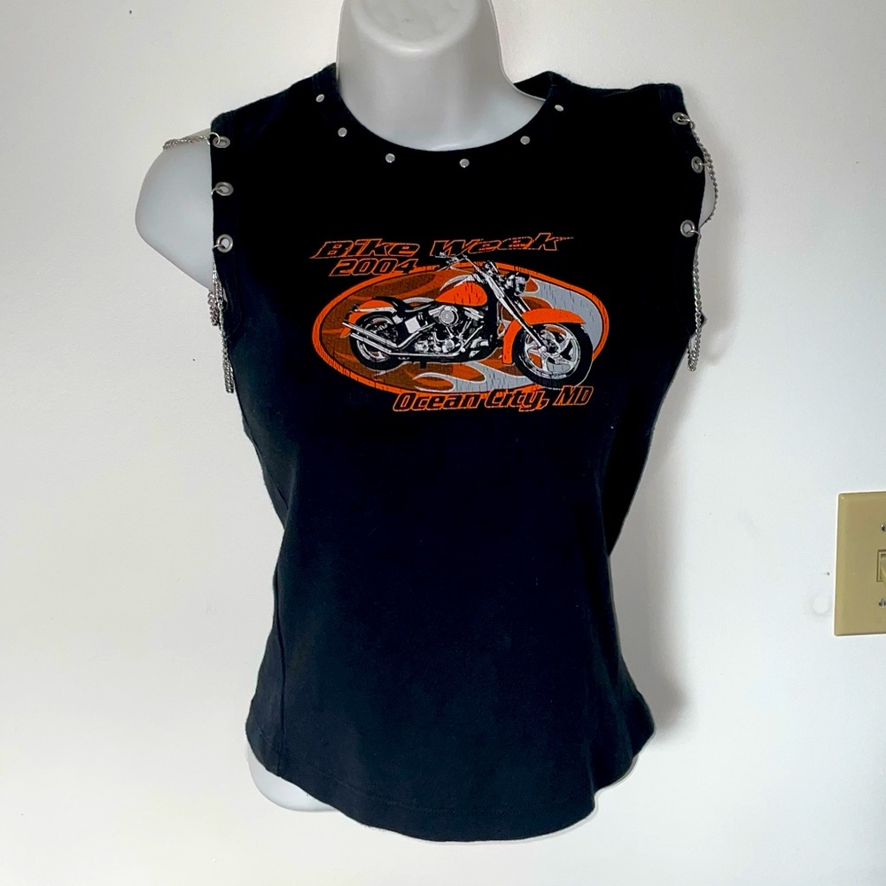Biker Design Muscle Tee with Chain Sleeves and Studds